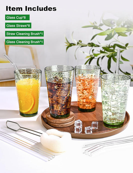Amyoole Drinking Glasses Set of 8, 16oz Green Highball Water Glasses