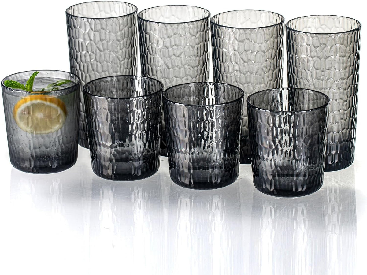 15oz and 22oz Grey Acrylic Glasses Drinkware (Set of 8), Honeycomb Stackable Shatter-Proof Plastic Tumblers, Reusable Plastic Drinking Glasses, BPA-Free, Dishwasher-Safe