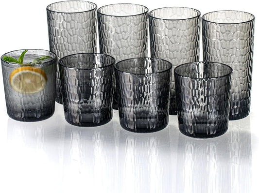 15oz and 22oz Grey Acrylic Glasses Drinkware (Set of 8), Honeycomb Stackable Shatter-Proof Plastic Tumblers, Reusable Plastic Drinking Glasses, BPA-Free, Dishwasher-Safe
