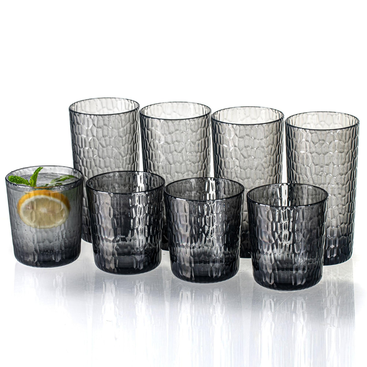 15oz and 22oz Grey Acrylic Glasses Drinkware (Set of 8), Honeycomb Stackable Shatter-Proof Plastic Tumblers, Reusable Plastic Drinking Glasses, BPA-Free, Dishwasher-Safe
