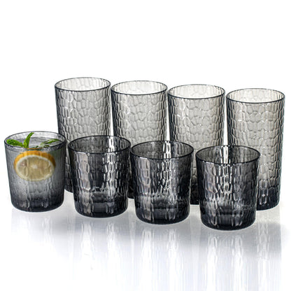 15oz and 22oz Grey Acrylic Glasses Drinkware (Set of 8), Honeycomb Stackable Shatter-Proof Plastic Tumblers, Reusable Plastic Drinking Glasses, BPA-Free, Dishwasher-Safe