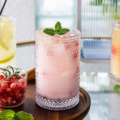 Hobnail Drinking Glasses Set of 4, Art Deco Vintage Glassware, 12 oz Tall Crystal Tumblers, Clear Embossed Glass Cups, Romantic Iced Beverage Glass, for Beer, Cocktail, Soda, Cappuccino