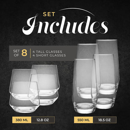 Kitchen Lux Drinking Glasses Set of 8 - Highball Tumbler & Rocks Drinkware