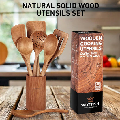 Wooden Spoons for Cooking - 8-Piece Wooden Kitchen Utensil Set made of Natural Solid Wood Material-Includes Spoons,Spatulas,Ladles,Mixing Spoon and Utensil Holder,Holiday Gifts(A08)