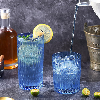 Loivttvv Glassware Drinking Glasses Set of 8, 14 oz Highball Glasses & 10 oz Ribbed Glass Cups, Vintage Glassware for Water, Juice, Cocktail, Whiskey (Blue)