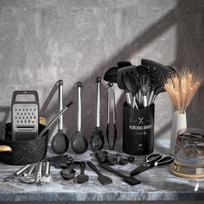 Umite Chef Thickened Kitchen Utensils Set- Silicone Cooking Utensils Set for Nonstick Cookware-Silicone Spatulas Set, Heavy Duty Stainless Steel Handle-Black Kitchen Gadgets Tools Set