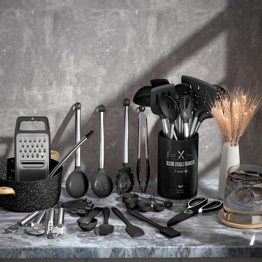 Umite Chef Thickened Kitchen Utensils Set- Silicone Cooking Utensils Set for Nonstick Cookware-Silicone Spatulas Set, Heavy Duty Stainless Steel Handle-Black Kitchen Gadgets Tools Set
