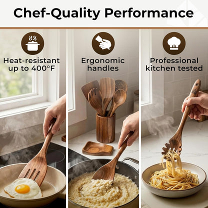 Wooden Utensil Set, 8 Pcs Teak Wooden Spoons for Cooking with Holder