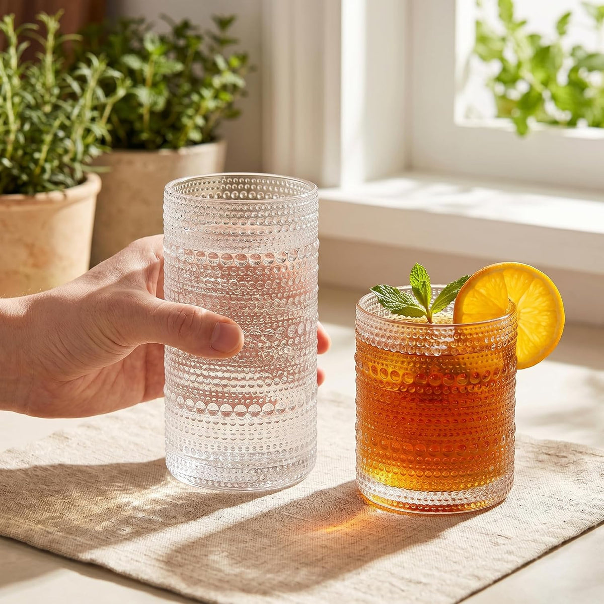 Vintage Hobnail Drinking Glasses Set of 8, Clear 16 oz Highball Glasses & 12 oz Cocktail Glasses Set, Kitchen Drinkware Glassware,Embossed Water Tumbler for Beer, Juice, Whiskey, Milk