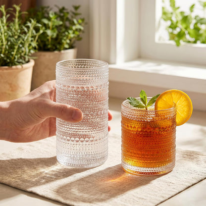 Vintage Hobnail Drinking Glasses Set of 8, Clear 16 oz Highball Glasses & 12 oz Cocktail Glasses Set, Kitchen Drinkware Glassware,Embossed Water Tumbler for Beer, Juice, Whiskey, Milk