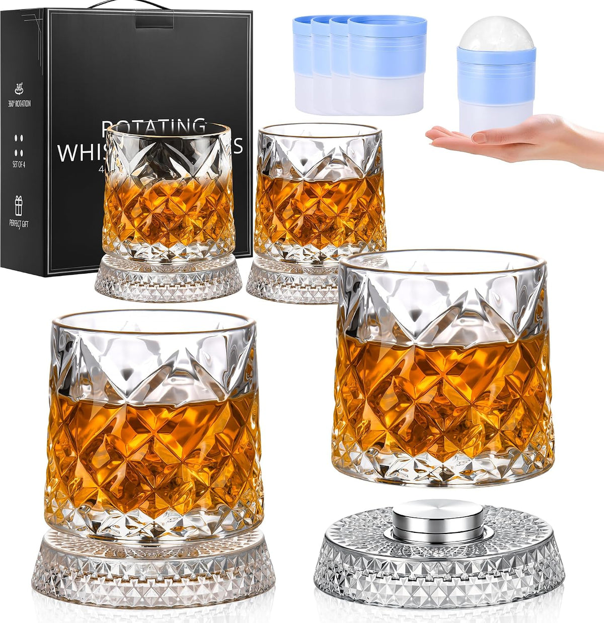 GuGen Spinning Whiskey Glasses, Rotating Old Fashioned Rocks Glasses, 9.5oz Lead-Free Clear Bourbon Scotch Liquor Cocktail Glasses with Ice Ball Molds, Set of 4 for Home Bar Party Whiskey Lovers Gift