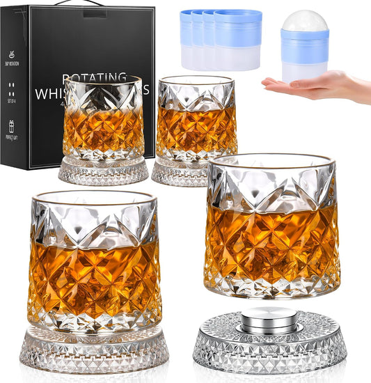 GuGen Spinning Whiskey Glasses, Rotating Old Fashioned Rocks Glasses, 9.5oz Lead-Free Clear Bourbon Scotch Liquor Cocktail Glasses with Ice Ball Molds, Set of 4 for Home Bar Party Whiskey Lovers Gift