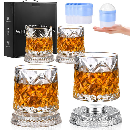 GuGen Spinning Whiskey Glasses, Rotating Old Fashioned Rocks Glasses, 9.5oz Lead-Free Clear Bourbon Scotch Liquor Cocktail Glasses with Ice Ball Molds, Set of 4 for Home Bar Party Whiskey Lovers Gift