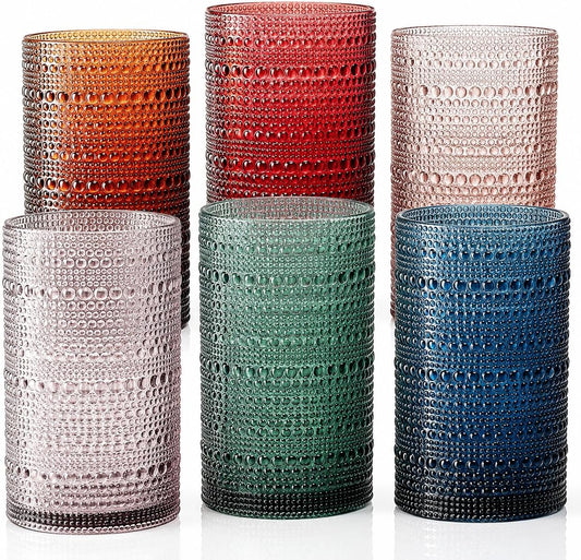 Khen Plastic Hobnail Drinking Highball Glasses Set of 6 Neutral Tones Cups 14oz, Shatterproof & Unbreakable Acrylic Beaded Design, BPA-Free, Dishwasher Safe Indoor/Outdoor Drinkware Water, Cocktails