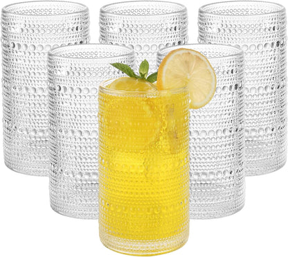 Vintage Hobnail Drinking Glasses Set of 6, 16 oz Large Capacity Embossed Clear Tumblers, Highball Glasses for Water, Cocktail, Beer, Whiskey, Kitchen & Bar Use