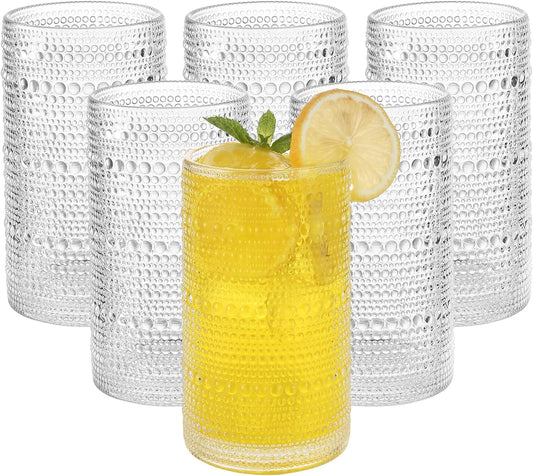 Vintage Hobnail Drinking Glasses Set of 6, 16 oz Large Capacity Embossed Clear Tumblers, Highball Glasses for Water, Cocktail, Beer, Whiskey, Kitchen & Bar Use