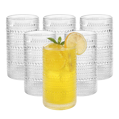 Vintage Hobnail Drinking Glasses Set of 6, 16 oz Large Capacity Embossed Clear Tumblers, Highball Glasses for Water, Cocktail, Beer, Whiskey, Kitchen & Bar Use