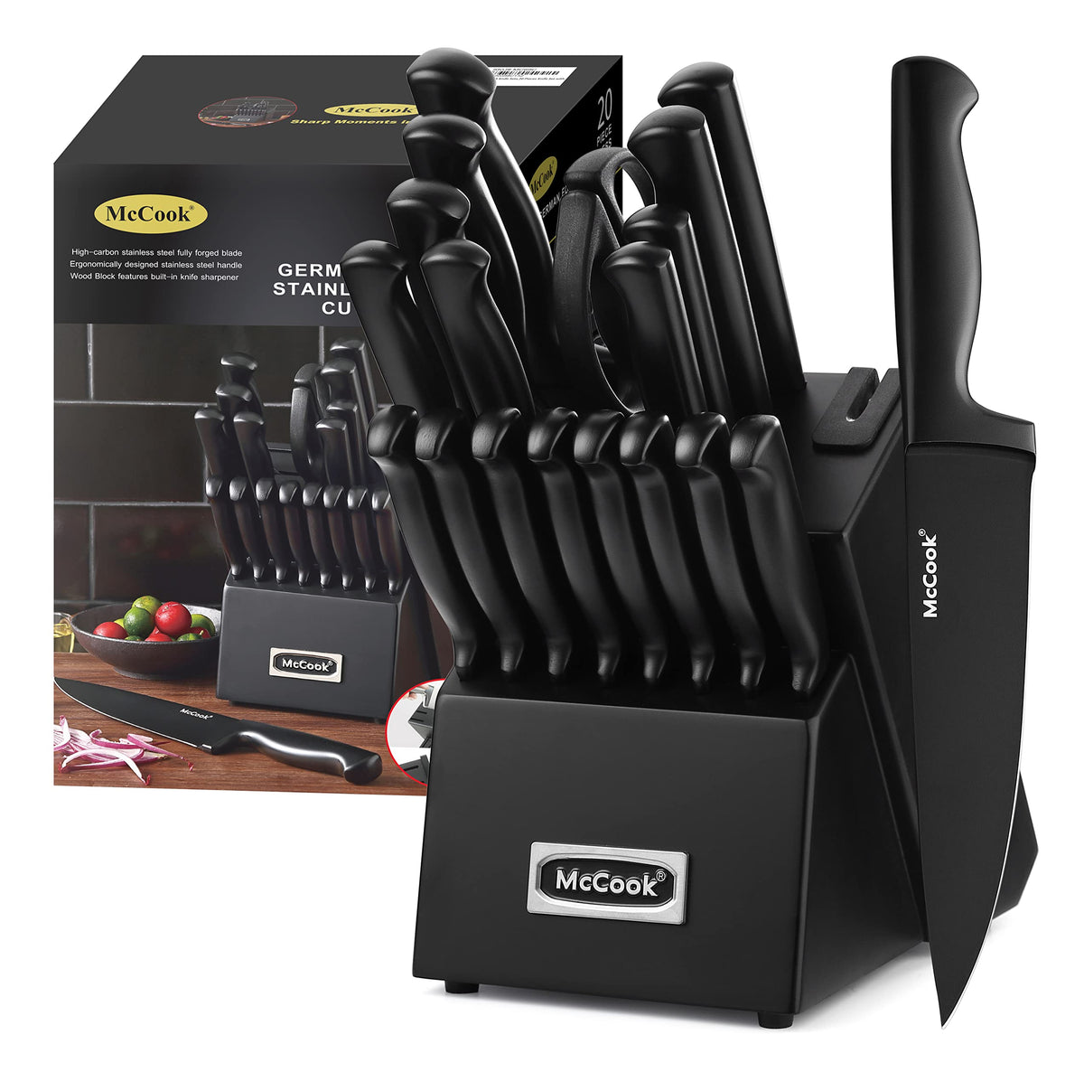 McCook Kitchen Knife Set 15PC Knife Block Set w Built-in Sharpener