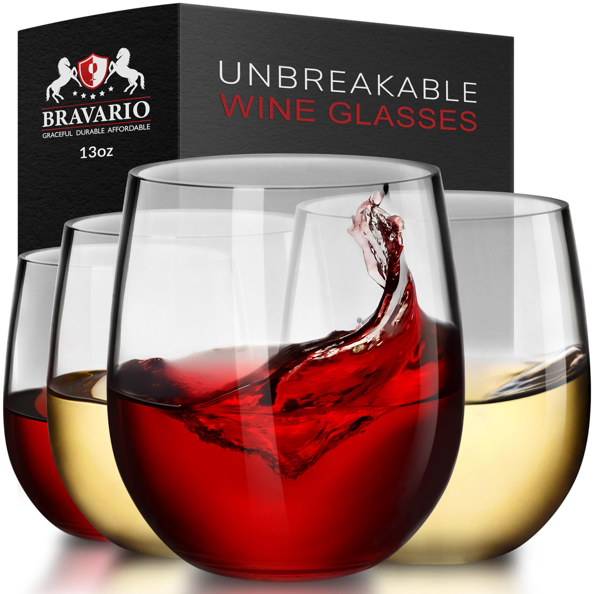 Bravario Unbreakable Stemless Plastic Wine Glasses | Reusable | Shatterproof 100% Tritan Plastic | Dishwasher-Safe | BPA-free | Awesome for Indoor & Outdoor | 16 oz, Set of 4