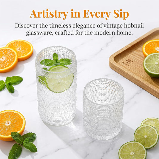 Vintage Hobnail Drinking Glasses Set of 8, 12 oz & 16 oz Highball Glasses, Clear Embossed Tumbler Cups, Kitchen & Bar Drinkware for Cocktail, Iced Coffee, Beer, Whiskey, Juice and Water