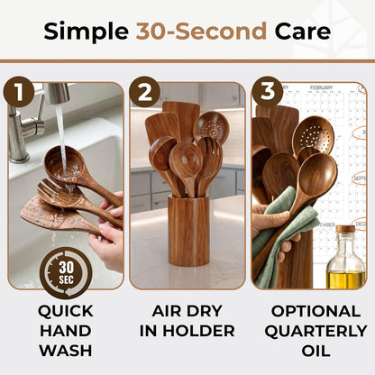 Wooden Utensil Set, 8 Pcs Teak Wooden Spoons for Cooking with Holder