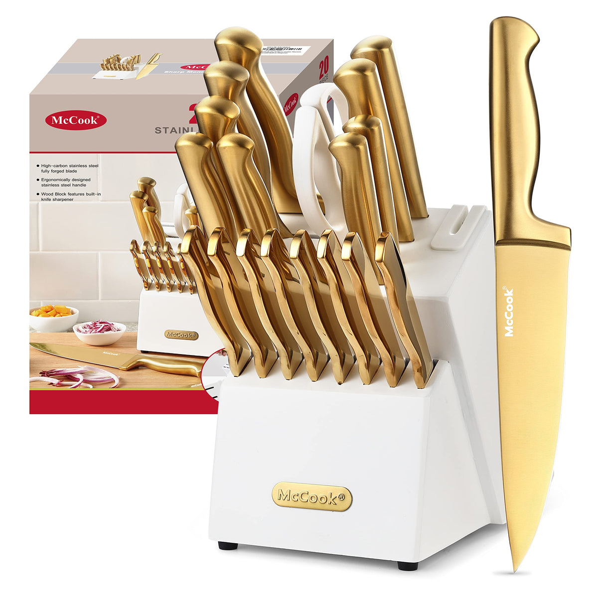 McCook Kitchen Knife Set 15PC Knife Block Set w Built-in Sharpener