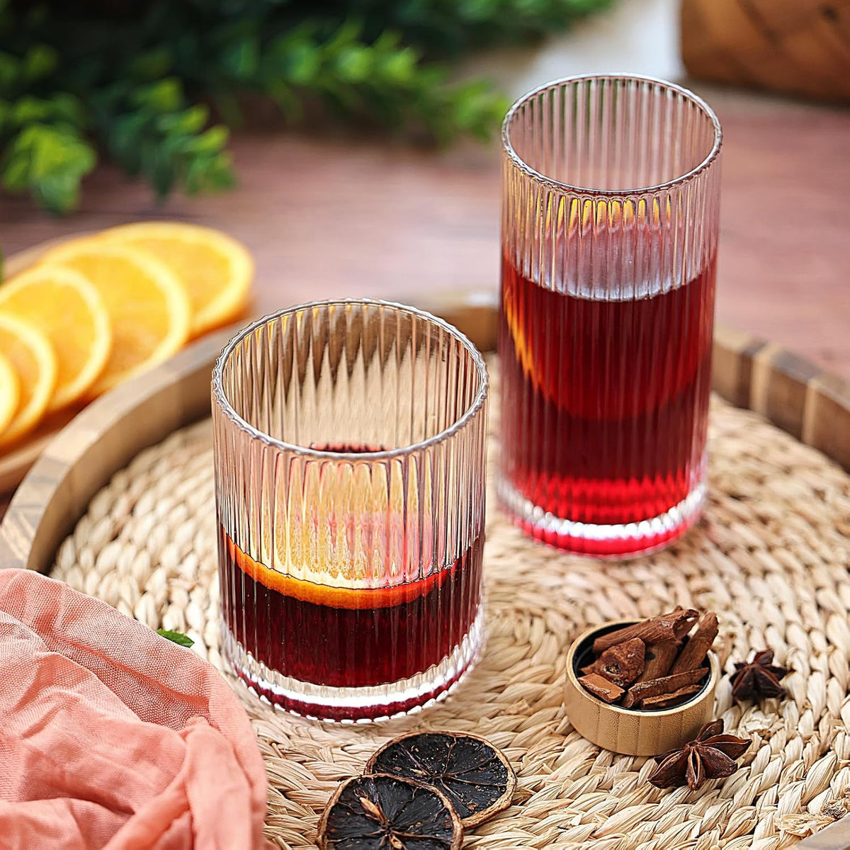 Moretoes Ribbed Glass Cups Set of 12 Drinking Glasses