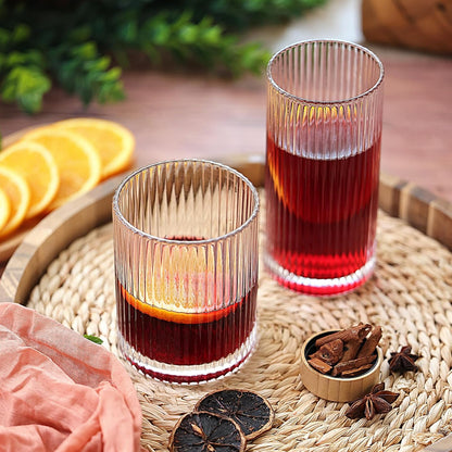 Moretoes Ribbed Glass Cups Set of 12 Drinking Glasses
