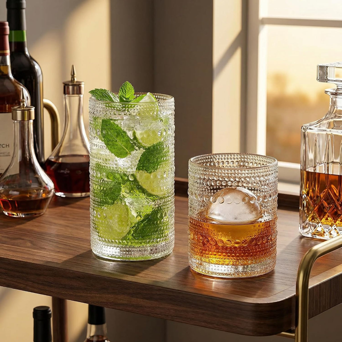 Vintage Hobnail Drinking Glasses Set of 8, Clear 16 oz Highball Glasses & 12 oz Cocktail Glasses Set, Kitchen Drinkware Glassware,Embossed Water Tumbler for Beer, Juice, Whiskey, Milk