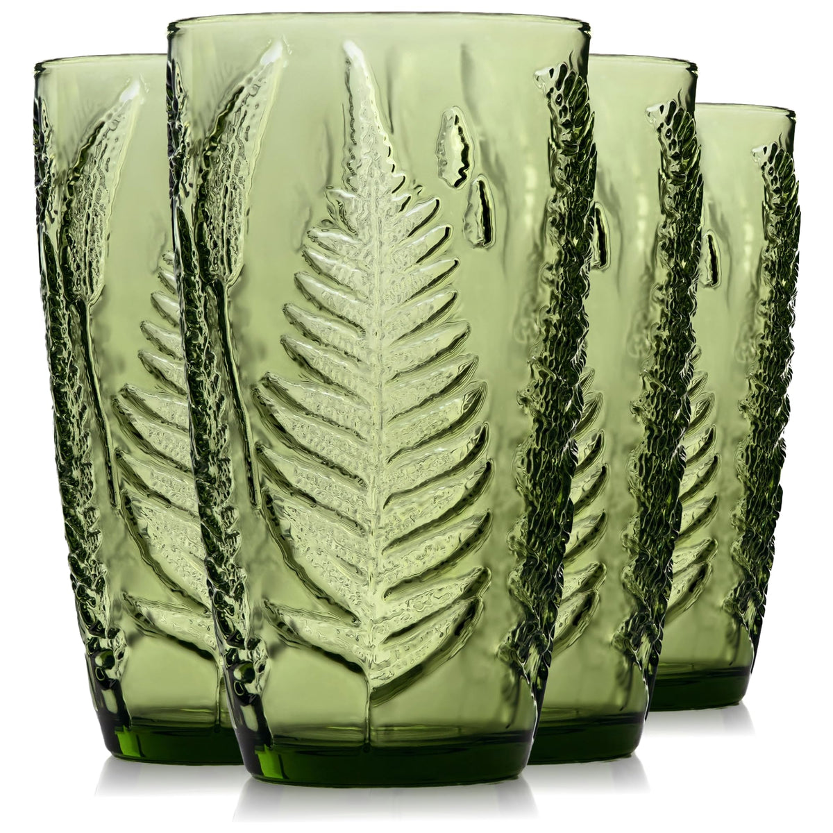 Green Drinking Glasses Set of 4, 12 oz Glass Cups, Vintage Fern Glassware