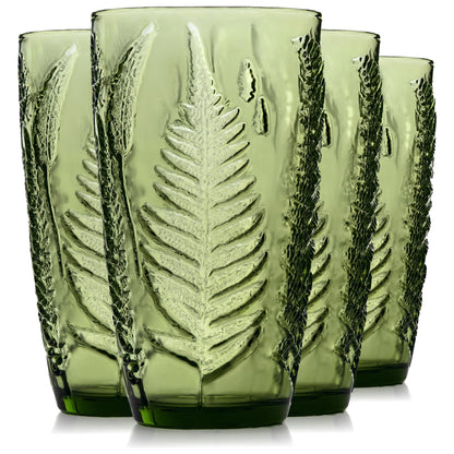 Green Drinking Glasses Set of 4, 12 oz Glass Cups, Vintage Fern Glassware