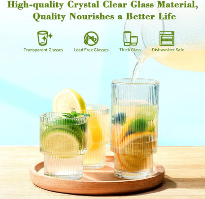 ISMASOAN Small Ribbed Glassware Set of 12, Glass Cups Fluted 12 oz & 7 oz