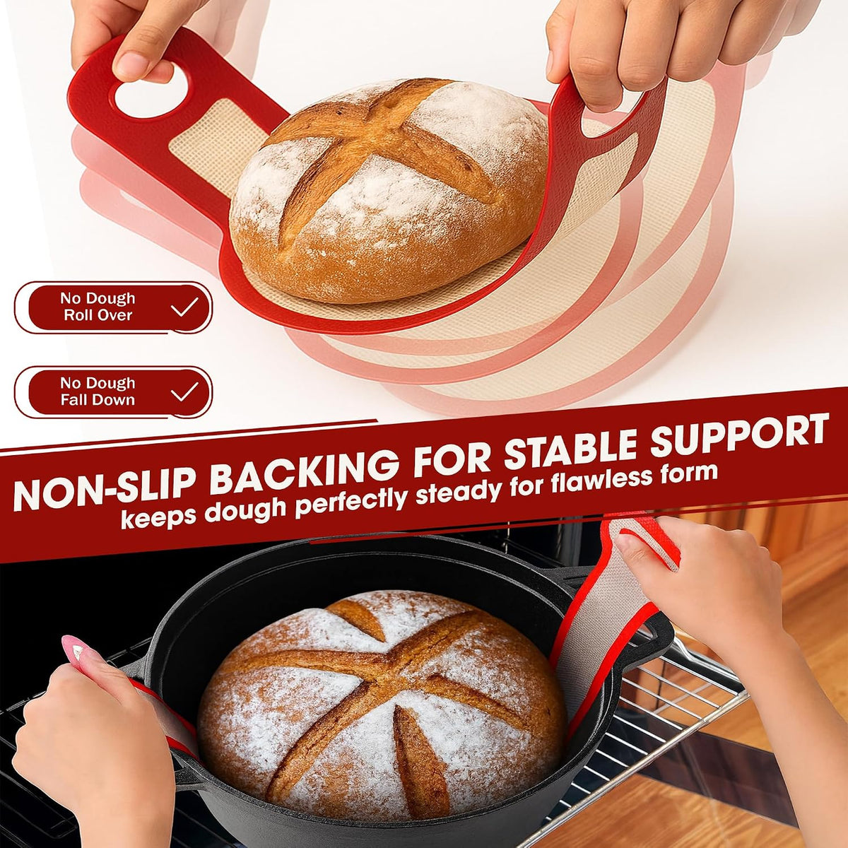 Sourdough Silicone Bread Sling for Dutch Oven, 2PCS Non-Stick Reusable Baking Mat with Long Handles, Essentials Bread Making Supplies for Dough Transfer and Loaf Pan Lifter Liner, Set Of Oval & Round