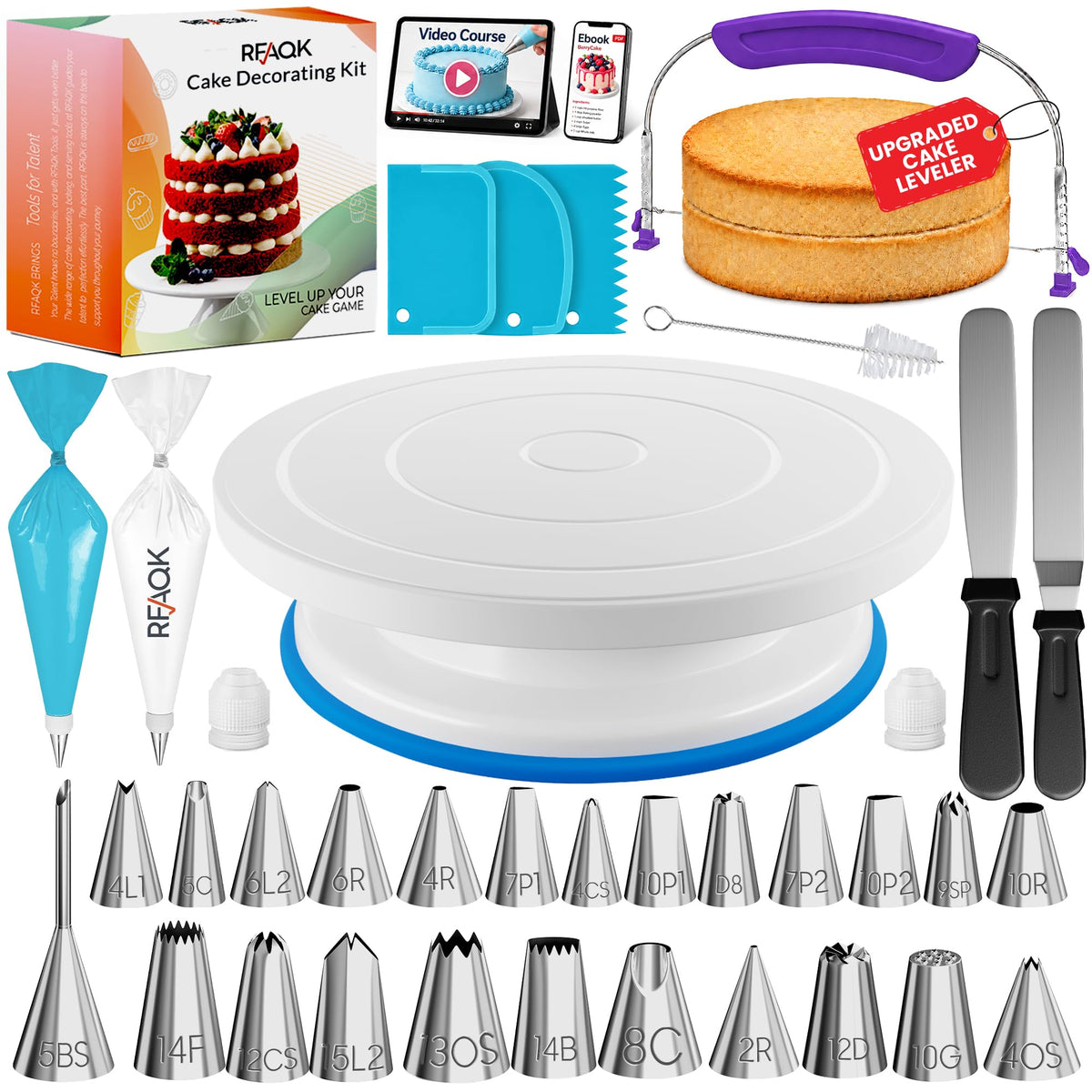 RFAQK 90PCs Cake Decorating Kit with Video Course for Beginner by Pro Baker