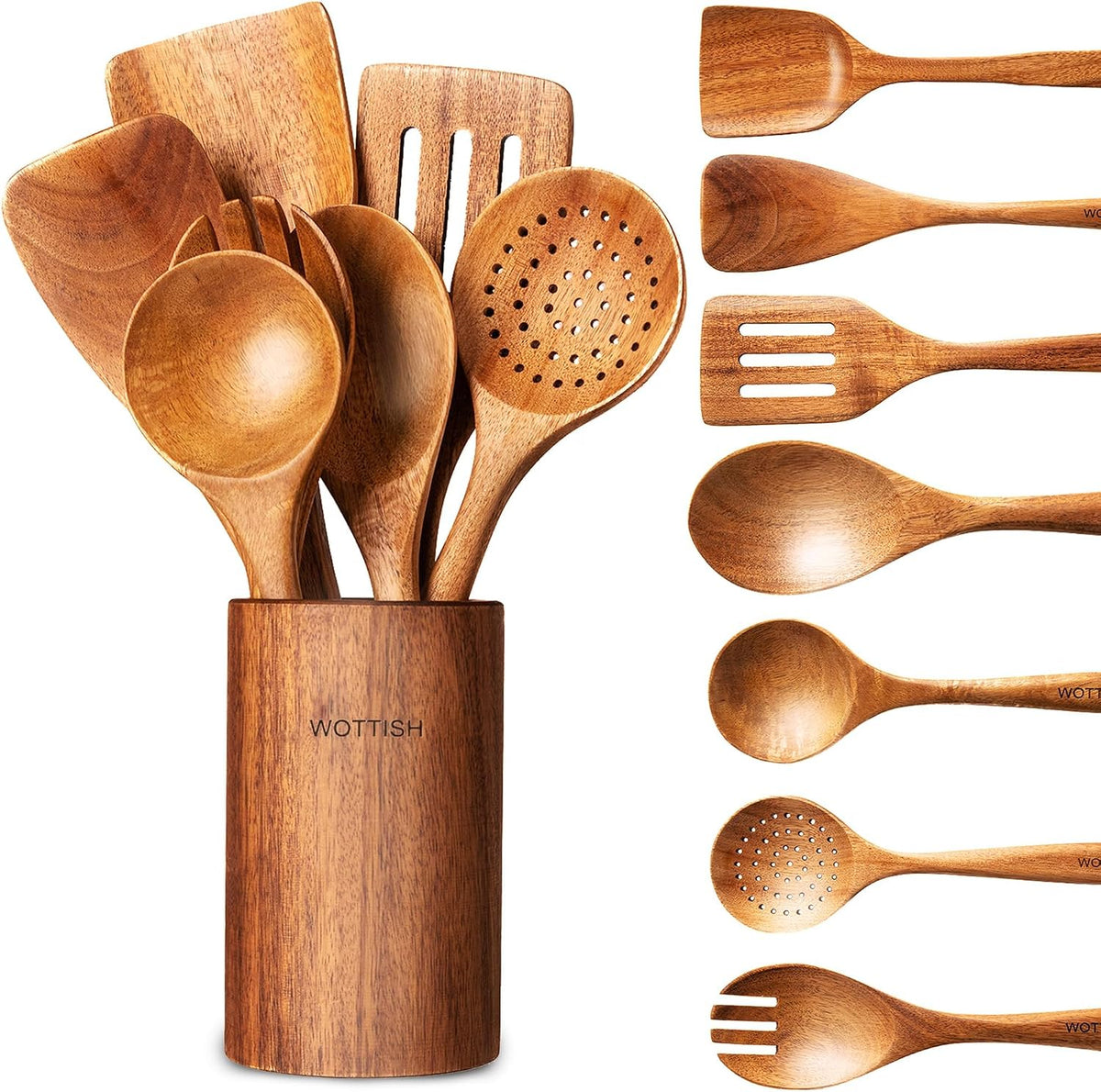 Wooden Spoons for Cooking - 8-Piece Wooden Kitchen Utensil Set made of Natural Solid Wood Material-Includes Spoons,Spatulas,Ladles,Mixing Spoon and Utensil Holder,Holiday Gifts(A08)