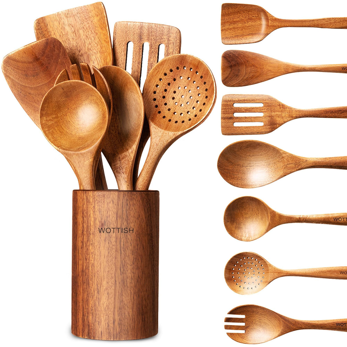 Wooden Spoons for Cooking - 8-Piece Wooden Kitchen Utensil Set made of Natural Solid Wood Material-Includes Spoons,Spatulas,Ladles,Mixing Spoon and Utensil Holder,Holiday Gifts(A08)