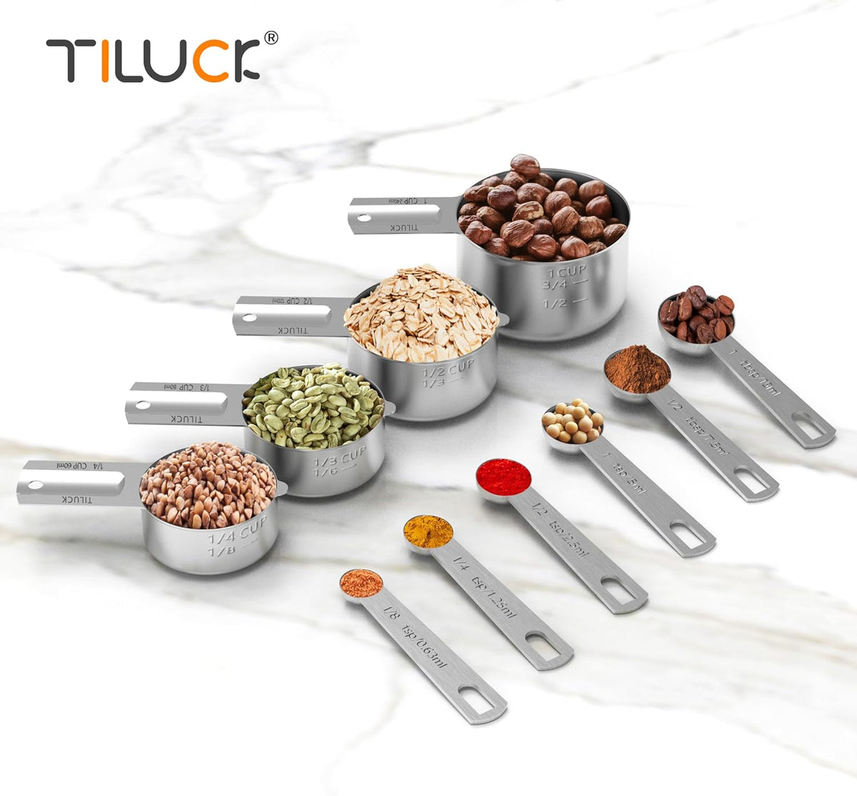 TILUCK Stainless Steel Measuring Cups & Spoons Set, Cups and Spoons