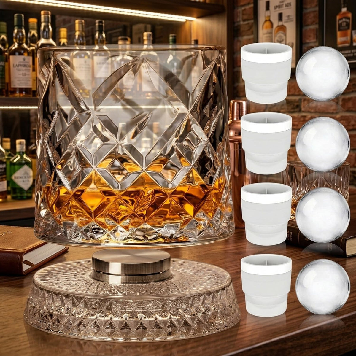Spinning Whiskey Glasses Set of 4 with Ice Ball Molds, 9.5oz Lead-Free Rotating Old Fashioned Rocks Glasses, Premium Bourbon Tasting Cups, Unique Barware Gifts for Men, Dad, Husband
