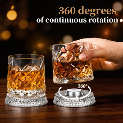 GuGen Spinning Whiskey Glasses, Rotating Old Fashioned Rocks Glasses, 9.5oz Lead-Free Clear Bourbon Scotch Liquor Cocktail Glasses with Ice Ball Molds, Set of 4 for Home Bar Party Whiskey Lovers Gift