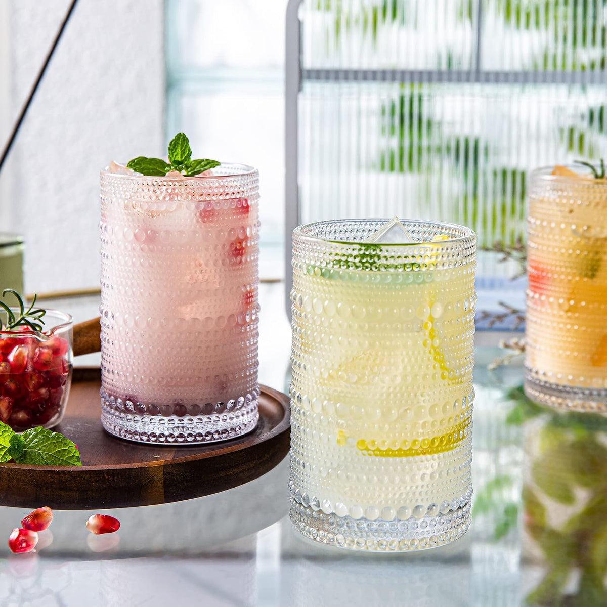 Hobnail Drinking Glasses Set of 4, Art Deco Vintage Glassware, 12 oz Tall Crystal Tumblers, Clear Embossed Glass Cups, Romantic Iced Beverage Glass, for Beer, Cocktail, Soda, Cappuccino
