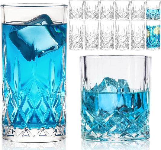 Drinking Glasses, 12 Piece Crystal Glass Cups, Mixed Glassware Set, 6 pcs Crystal Old Fashioned 11oz Highballs and 6 pcs 11oz Whiskey Glasses, Great for Cocktail, Whisky and other Beverages