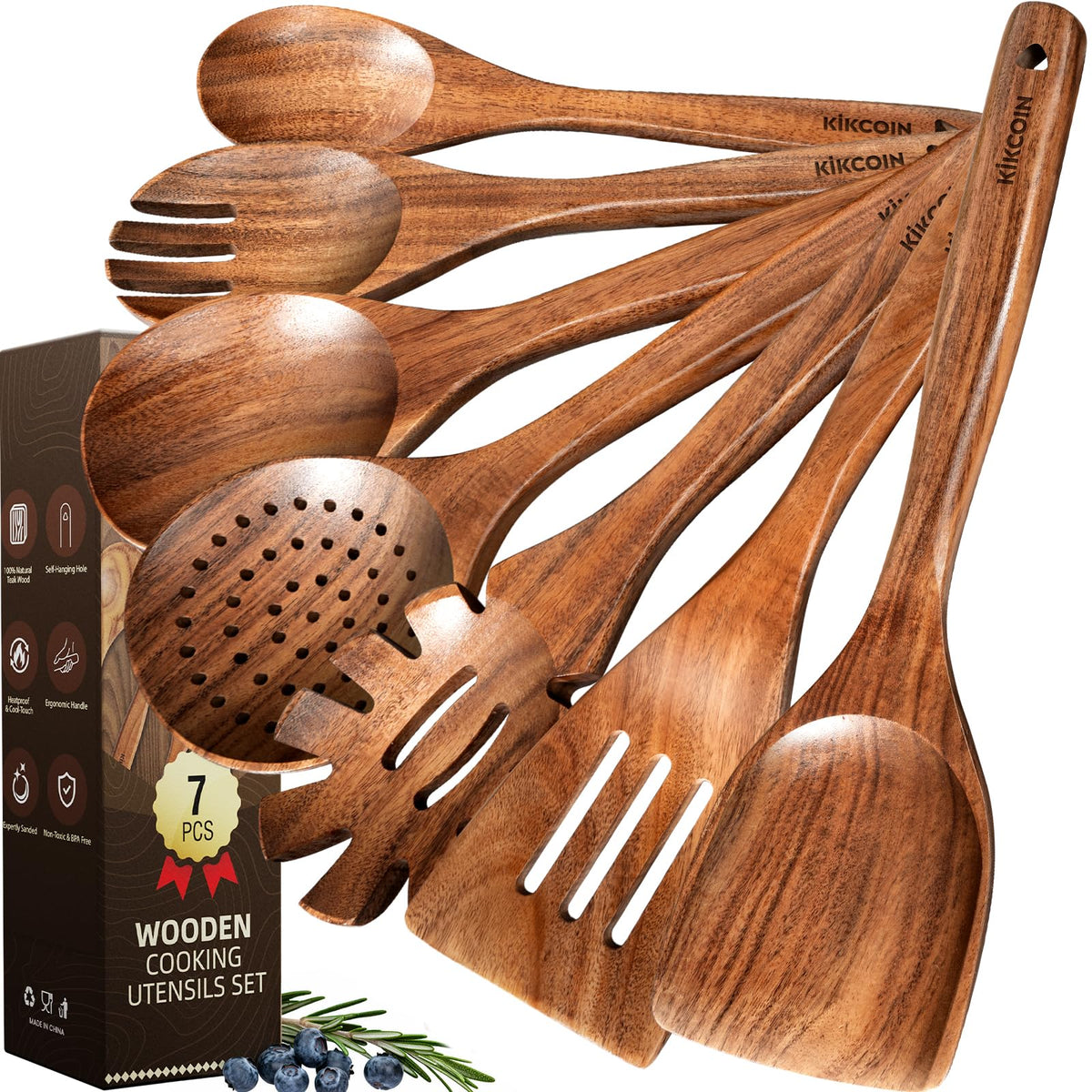 Kikcoin 10 PCS Durable Natural Teak Wooden Cooking Utensil Set, Non Toxic Wooden Spoons for Cooking, Wooden Utensil Set for Cooking with Comfort Grip, Nonstick & Easy to Clean Wood Kitchen Utensil Set