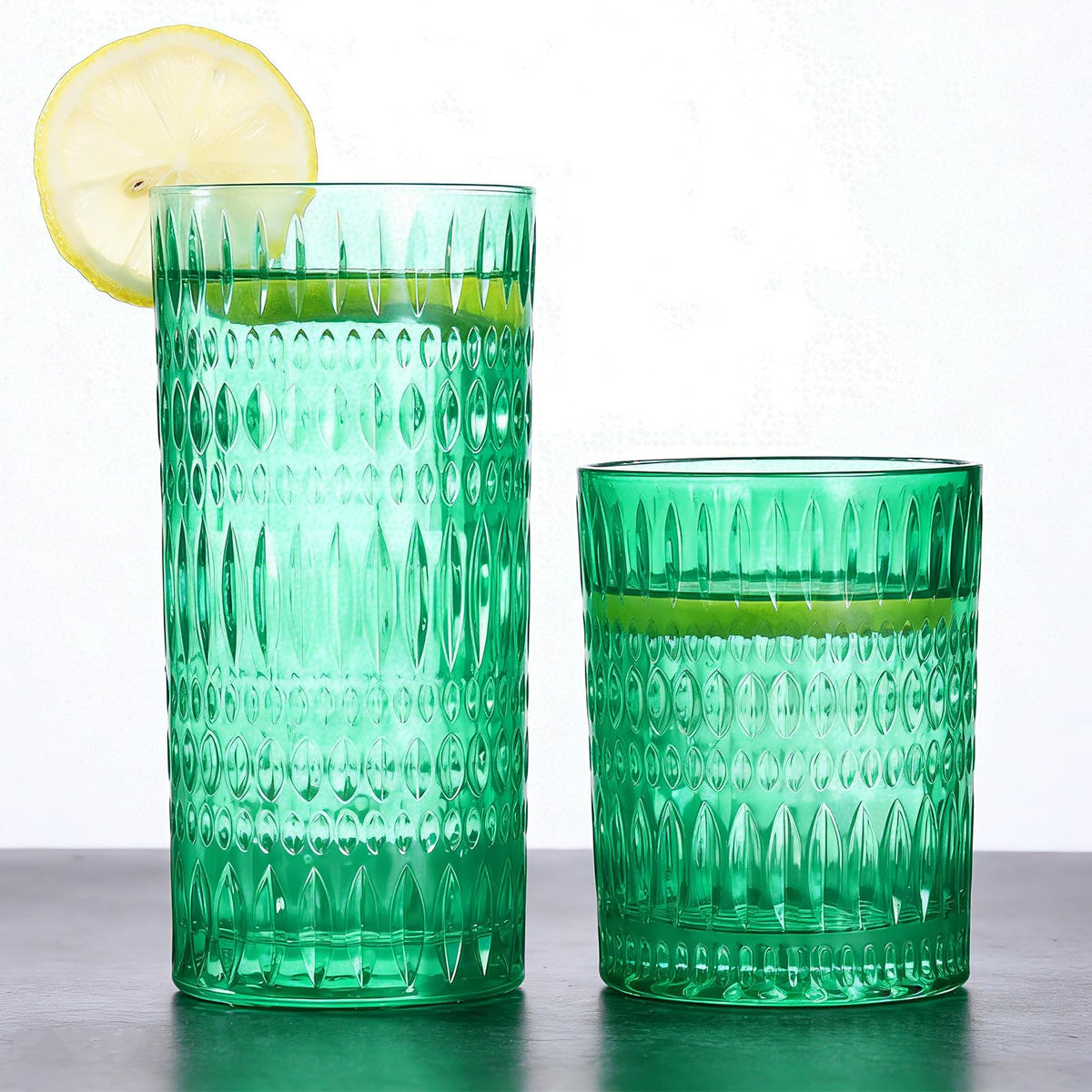 Loivttvv Glassware Drinking Glasses Set of 8, 14 oz Highball Glasses & 10 oz Ribbed Glass Cups, Vintage Glassware for Water, Juice, Cocktail, Whiskey (Blue)
