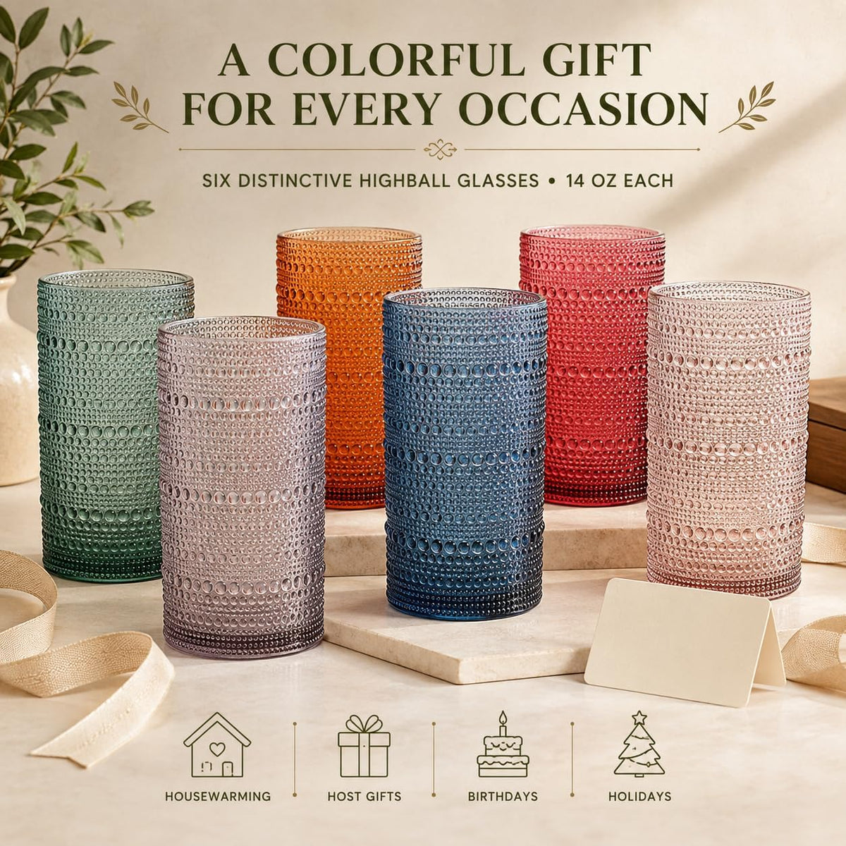 Khen Plastic Hobnail Drinking Highball Glasses Set of 6 Neutral Tones Cups 14oz, Shatterproof & Unbreakable Acrylic Beaded Design, BPA-Free, Dishwasher Safe Indoor/Outdoor Drinkware Water, Cocktails