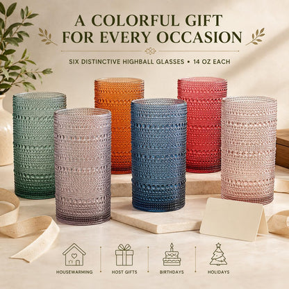 Khen Plastic Hobnail Drinking Highball Glasses Set of 6 Neutral Tones Cups 14oz, Shatterproof & Unbreakable Acrylic Beaded Design, BPA-Free, Dishwasher Safe Indoor/Outdoor Drinkware Water, Cocktails
