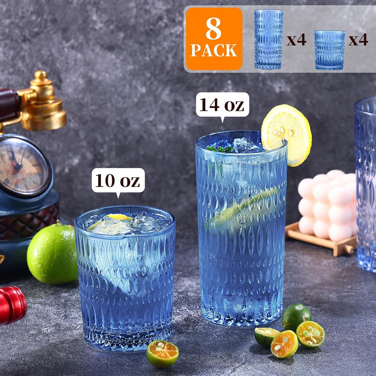 Loivttvv Glassware Drinking Glasses Set of 8, 14 oz Highball Glasses & 10 oz Ribbed Glass Cups, Vintage Glassware for Water, Juice, Cocktail, Whiskey (Blue)