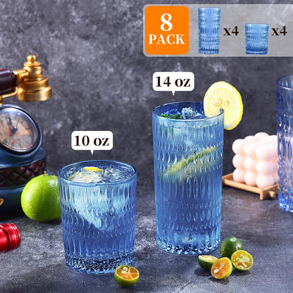 Loivttvv Glassware Drinking Glasses Set of 8, 14 oz Highball Glasses & 10 oz Ribbed Glass Cups, Vintage Glassware for Water, Juice, Cocktail, Whiskey (Blue)