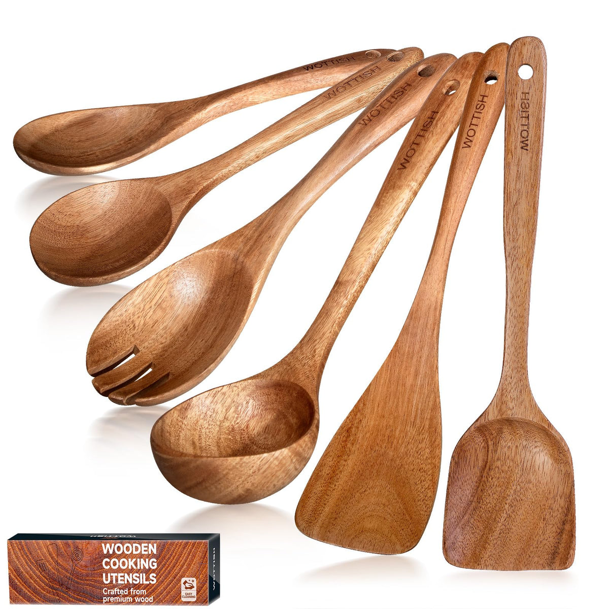 Wooden Spoons for Cooking - 8-Piece Wooden Kitchen Utensil Set made of Natural Solid Wood Material-Includes Spoons,Spatulas,Ladles,Mixing Spoon and Utensil Holder,Holiday Gifts(A08)