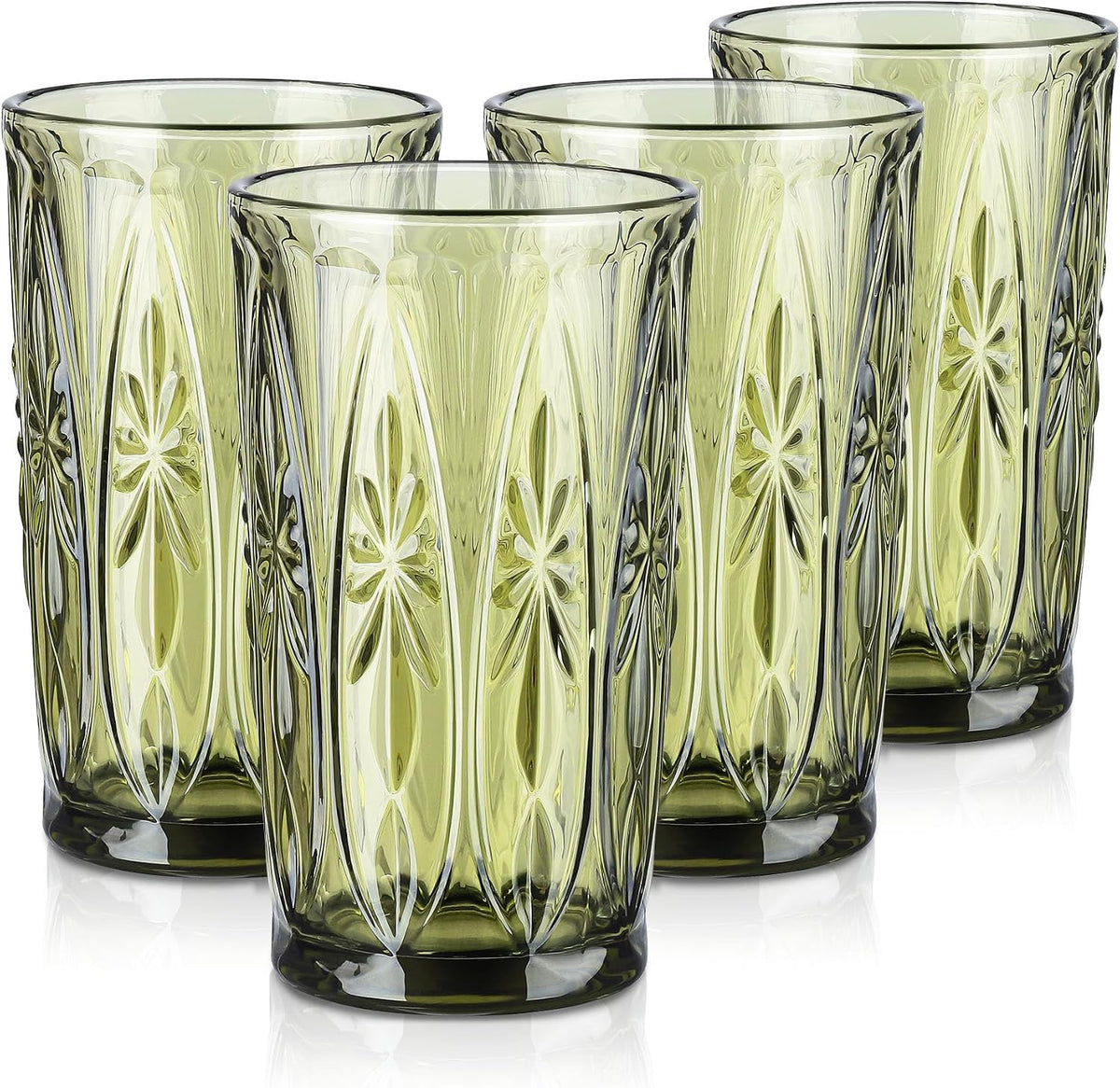 Joeyan Green Vintage Drinking Glasses,Embossed Highball Water Glass Tumbler