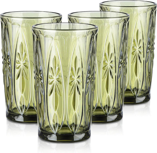 Joeyan Green Vintage Drinking Glasses,Embossed Highball Water Glass Tumbler